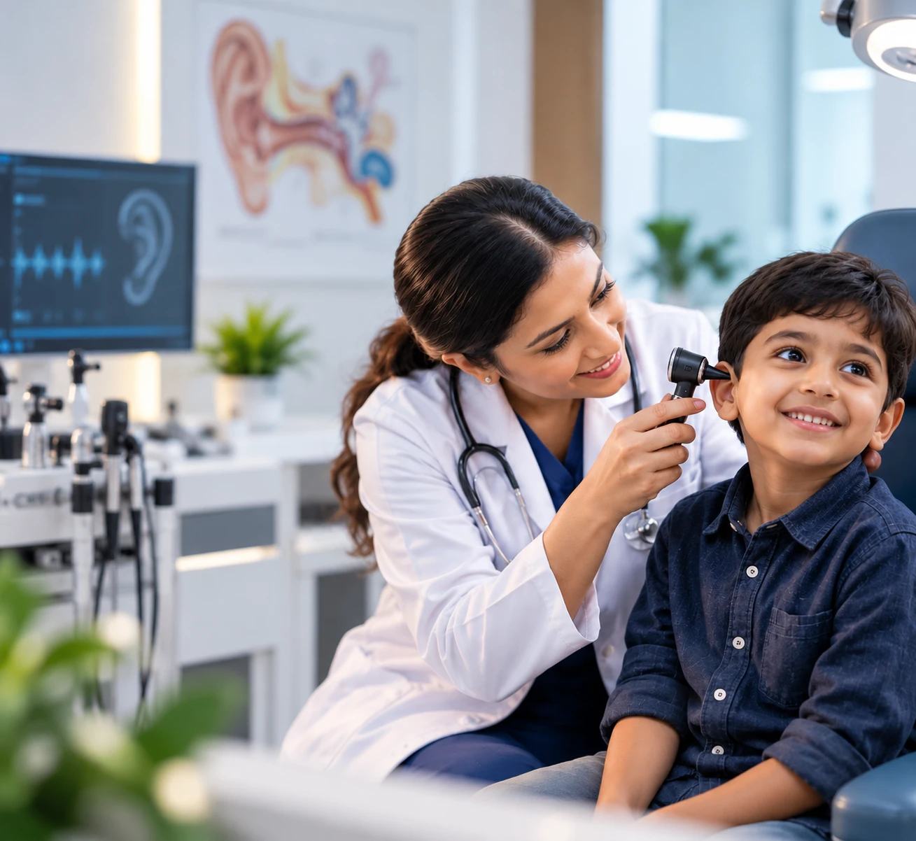ENT specialist examining a child's ear