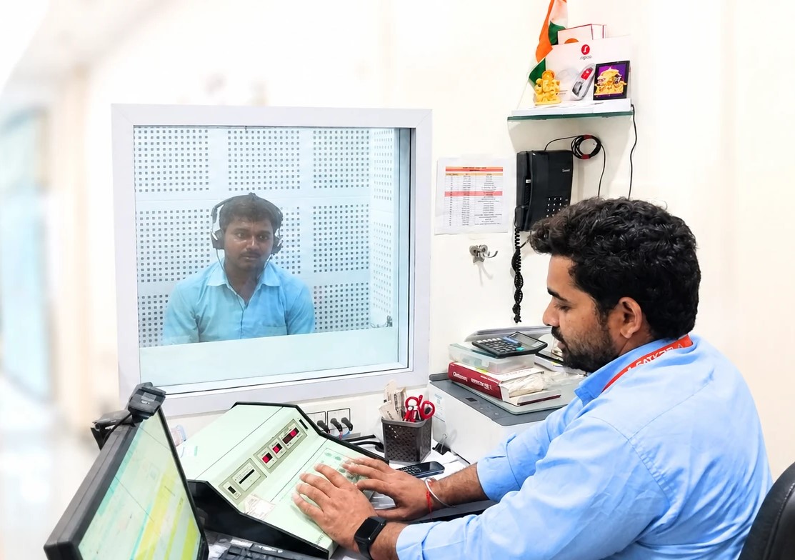Audiologist conducting a hearing test in the audiometry booth at Satkriti Hospital