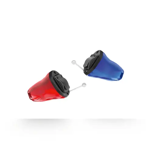 In-the-ear hearing aids in red and blue